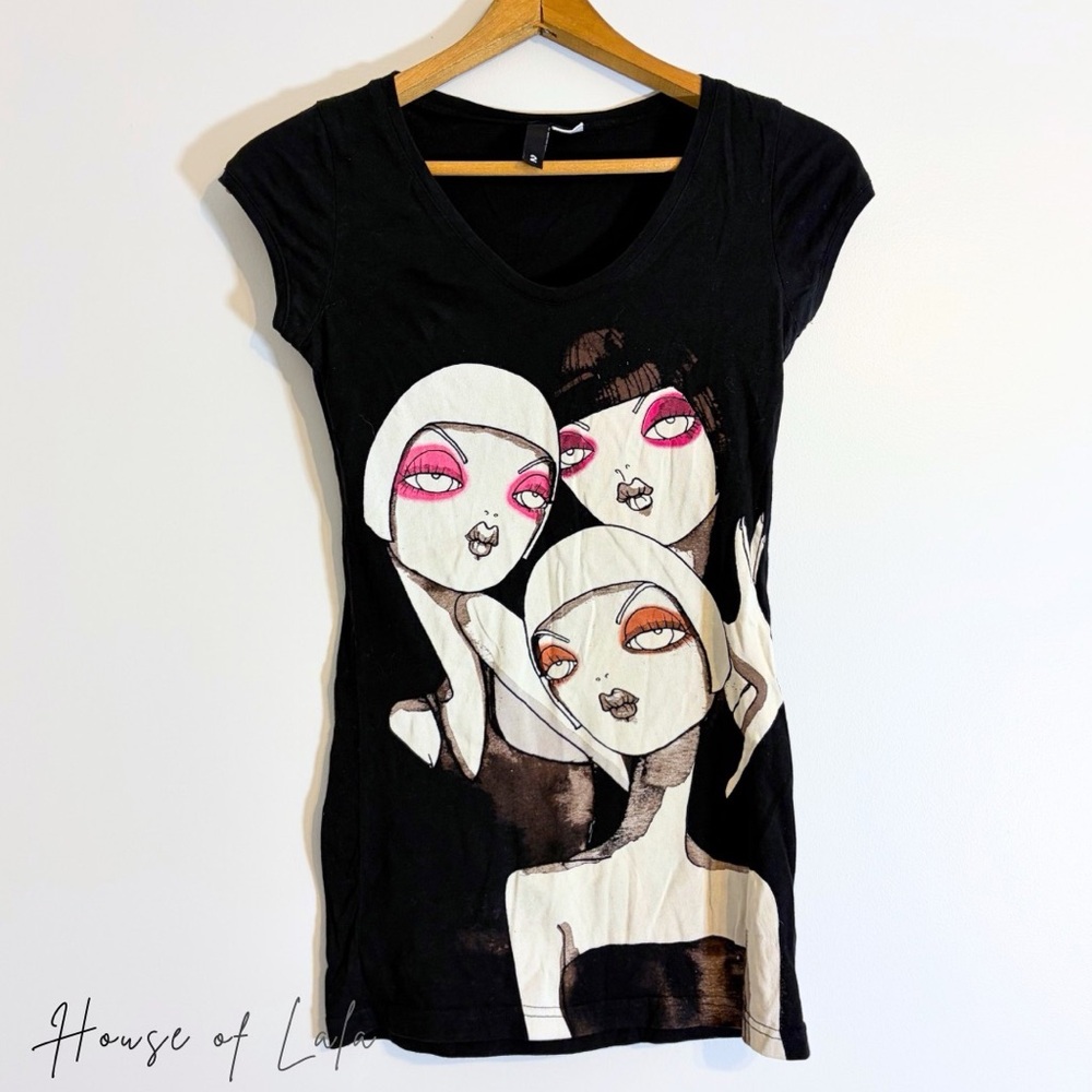 Artistic Black Graphic Tunic, mini dress? Top, Grunge, Artsy, Indie